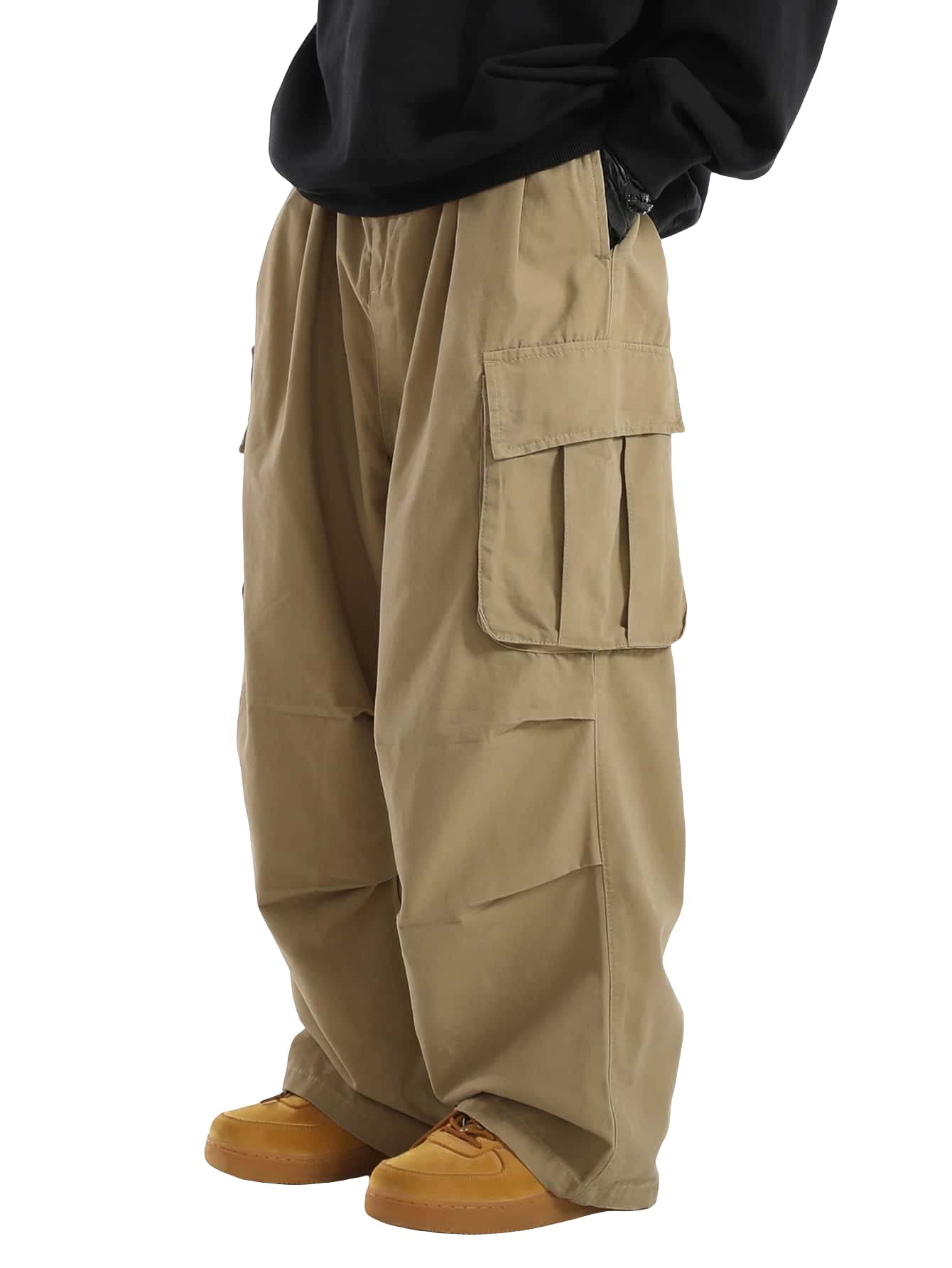 OYOANGLE Mens Drawstring Elastic Waist Flap Pockets Streetwear Baggy Cargo Pants Joggers Hiking Trousers Khaki XL