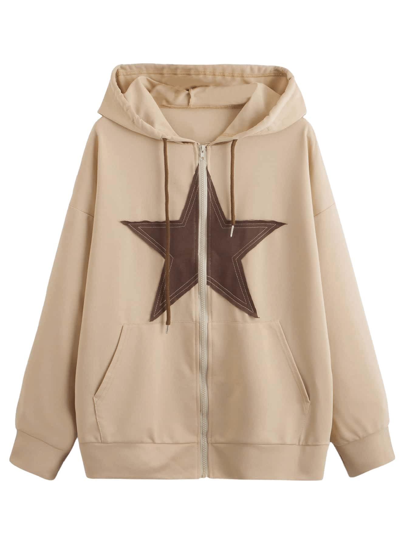 SweatyRocks Womens Star Print Zip Up Oversize Long Sleeve Casual Pocket Drawstring Hoodie Khaki XS