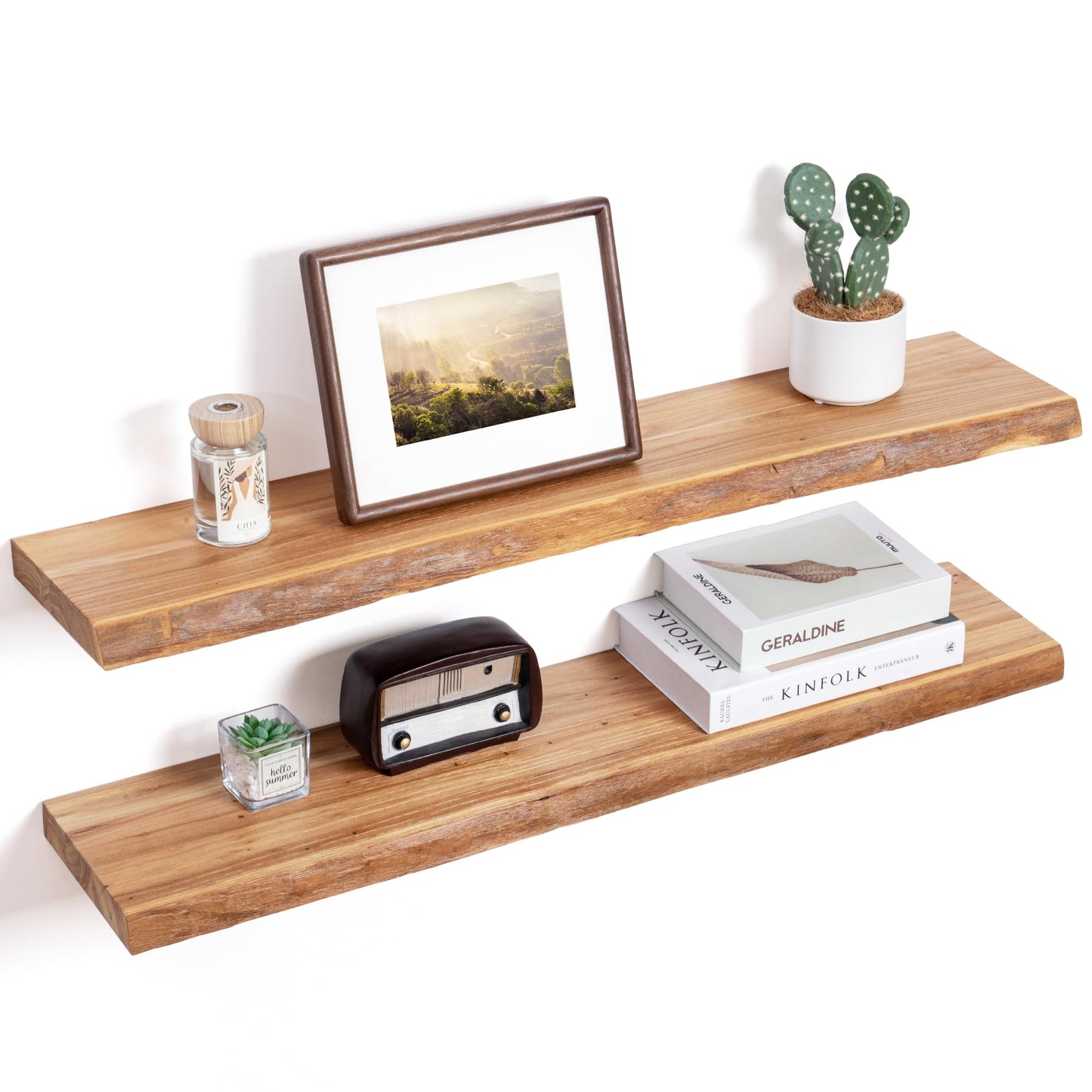 FLYJOE Floating Shelves for Wall Decor Rustic Solid Elm Wood Floating Shelves Wall Mounted Wall Shelves with Invisible Bracket for Living Room Bathroom Bedroom Kitchen 36 Inch Set of 2 Natural