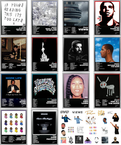 unique america 13 Pcs| Posters Album Cover PostersMusic Posters Album Covers For Wall Decor Album Posters Drake Album Cover Poster 12x16 Total 13 Drake Poster & 25 Stickers Black Design Unframed