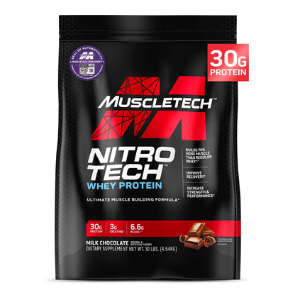 Muscletech Whey Protein Powder (Milk Chocolate 10 Pound) - Nitro-Tech Muscle Building Formula with Whey Protein Isolate & Peptides - 30g of Protein 3g of Creatine & 6.6g of BCAA