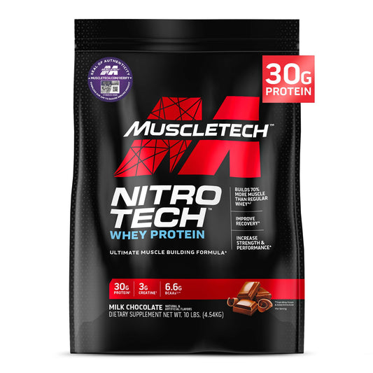 Muscletech Whey Protein Powder (Milk Chocolate 10 Pound) - Nitro-Tech Muscle Building Formula with Whey Protein Isolate & Peptides - 30g of Protein 3g of Creatine & 6.6g of BCAA