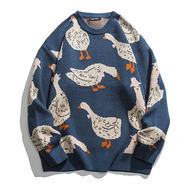 Men's Oversize Cartoon Animal Duck Goose Print Sweater