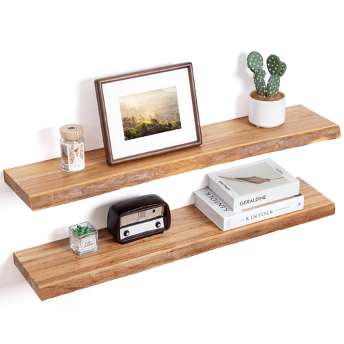 FLYJOE Floating Shelves for Wall Decor Rustic Solid Elm Wood Floating Shelves Wall Mounted Wall Shelves with Invisible Bracket for Living Room Bathroom Bedroom Kitchen 36 Inch Set of 2 Natural