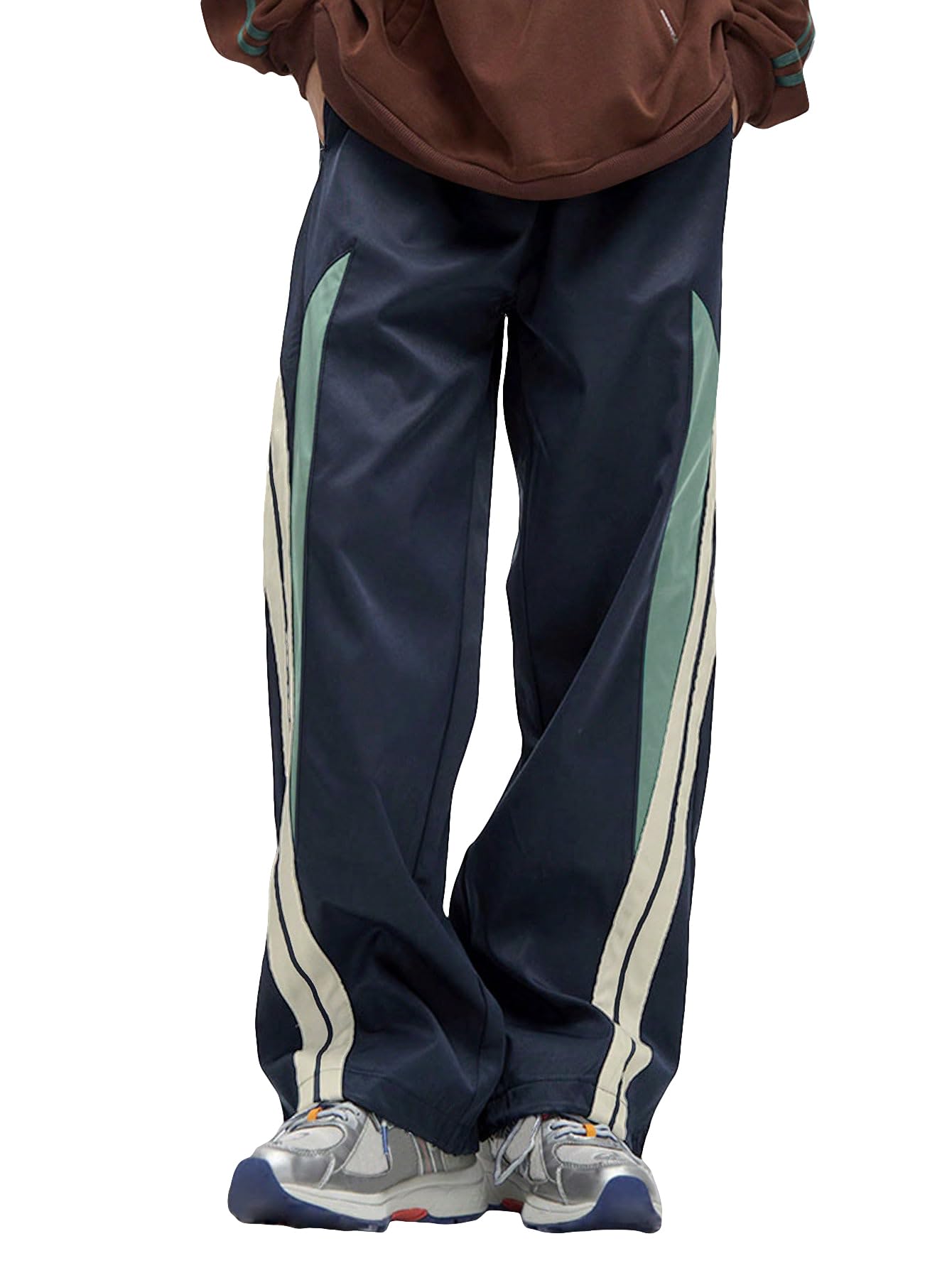 OYOANGLE Mens Colorblock Drawstring Waist Straight Wide Leg Baggy Pants with Pocket Navy Blue M